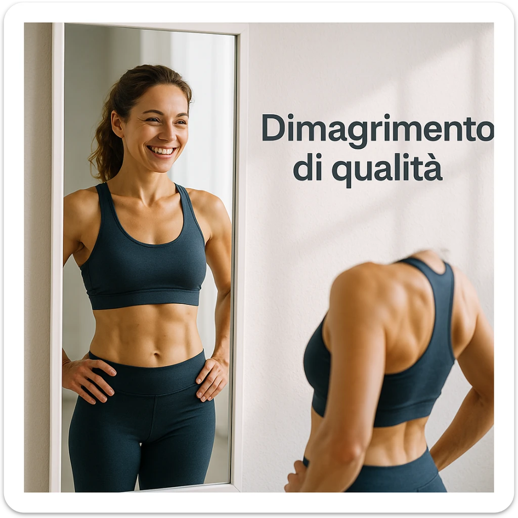 adult woman in sporty clothing smiling in front of a mirror, observing the results of her weight loss journey, toned and proportionate body, bright and motivating atmosphere, Italian text: 'Dimagrimento di qualità', 4K quality sticker