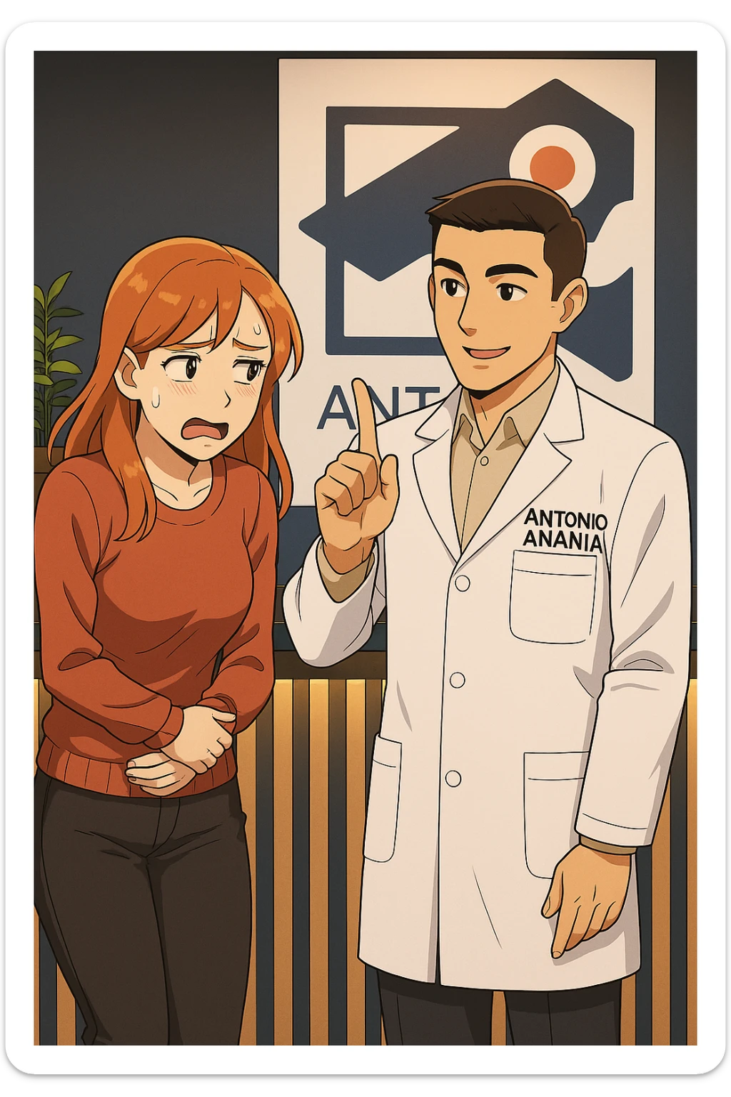 su questo stile fai un manga/webtoon a colori in cui una donna PREOCCUPATA FA UNA DOMANDA ALL'UOMO, l'uomo della foto in stile manga LE DICE DI "NO" CON IL DITO, mantieni un ambiente simile alla foto che ho allegato con il suo logo (sarebbe il suo studio, lui è un kinesiologo), scrivigli "ANTONIO ANANIA" sul camice bianco, non mettere fumetti, ma fai in modo che sembri che la donna CHIEDA ALLARMATA E L'UOMO LA TRANQUILLIZZI sticker