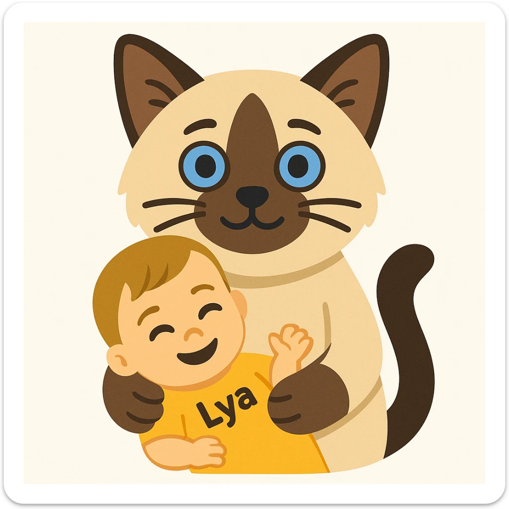 Create an image of a Birman seal point cat holding a baby human named Lya with short dark blonde hair in its paws. The baby is smiling. The style should resemble emoji style as closely as possible. sticker