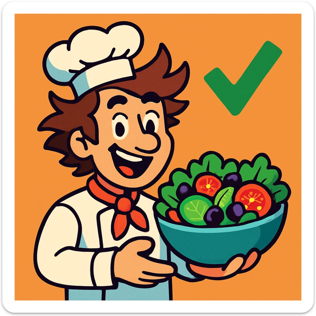 a guy with wild brown hair wearing a chef's hat, offering a salad, with a green check mark next to him, clean modern illustration style sticker