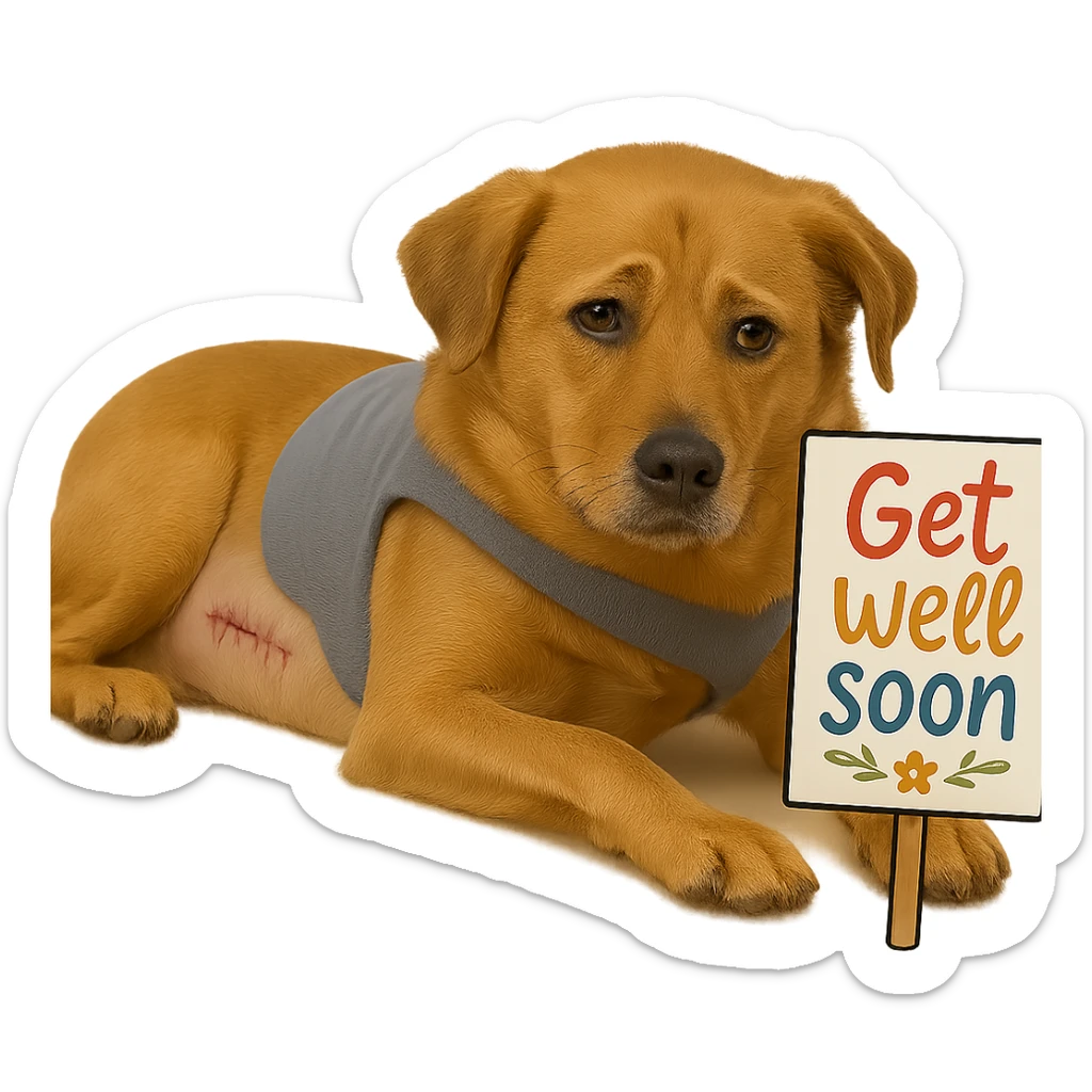 Add a 'get well soon' sign next to the dog. Keep the background transparent. sticker