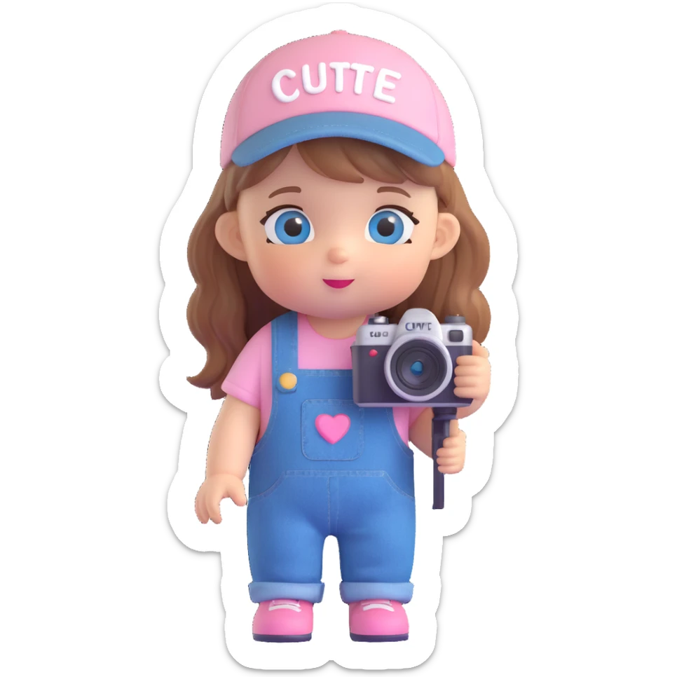3D cartoon character design of a cute baby girl with golden brown hair, big blue eyes, pink blush, wearing denim overalls with the word 'cute' printed on her clothes, a cute hat, big head and small body, holding a camera, three-view lineup front side back sticker