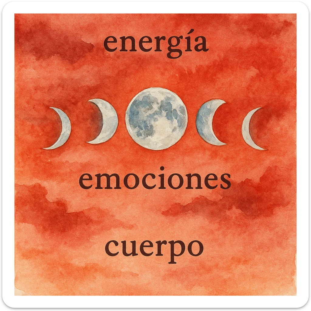 moon in motion in a red sky, words 'energía', 'emociones', 'cuerpo' in the image, watercolor style sticker
