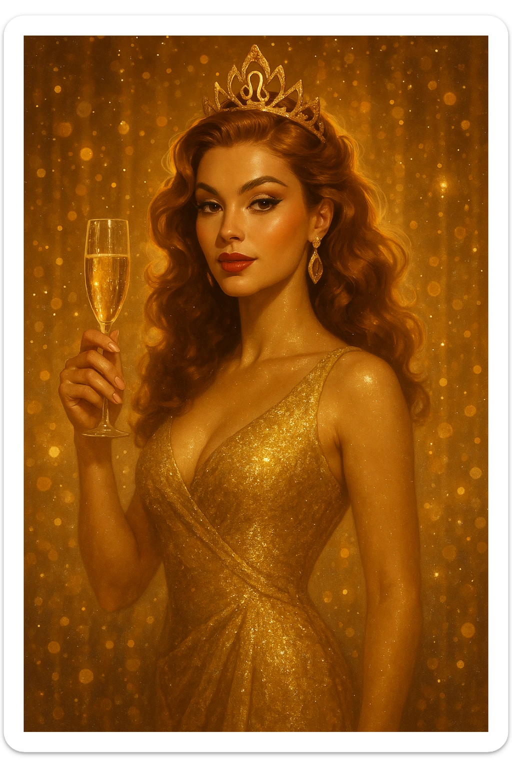 leo zodiac sign inspired woman, glamorous, with a champagne glass, surrounded by sparkles sticker