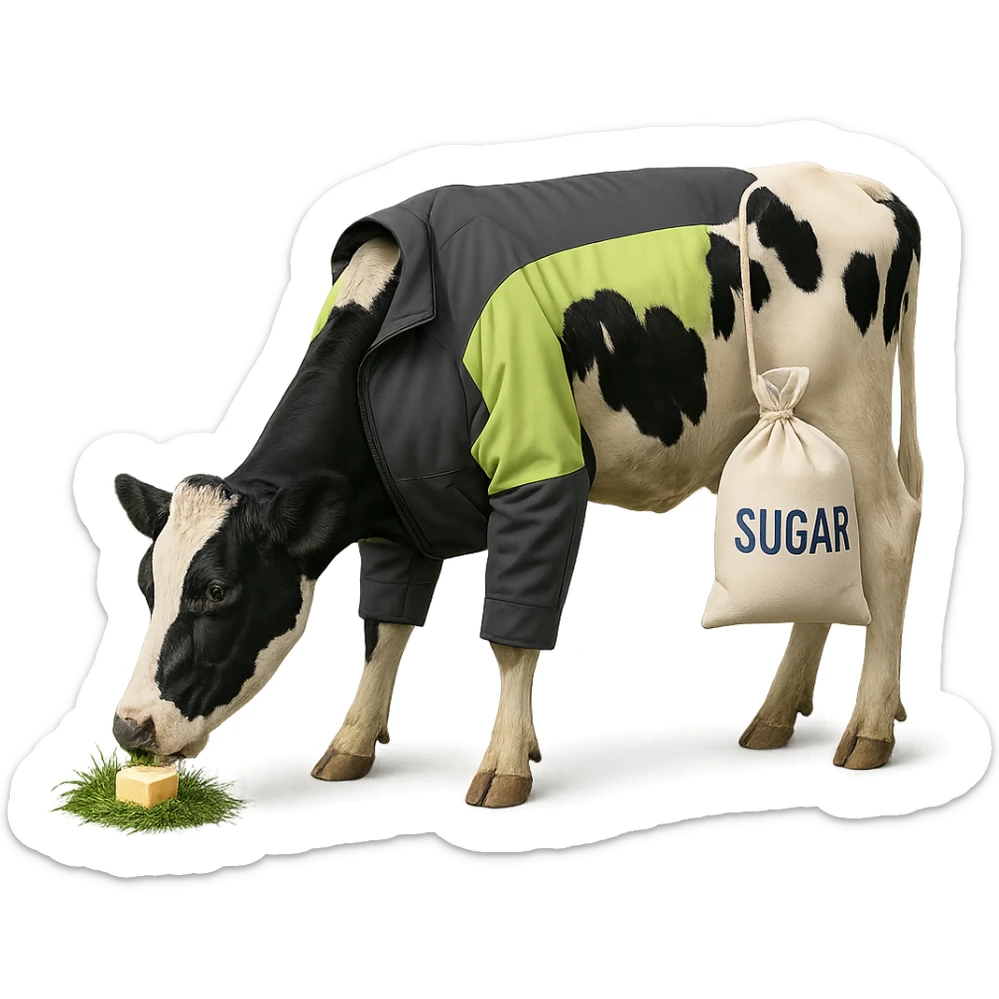 a cow sporting a gray and neon green jacket, eating grass with butter, and a bag of white sugar hanging from its side sticker