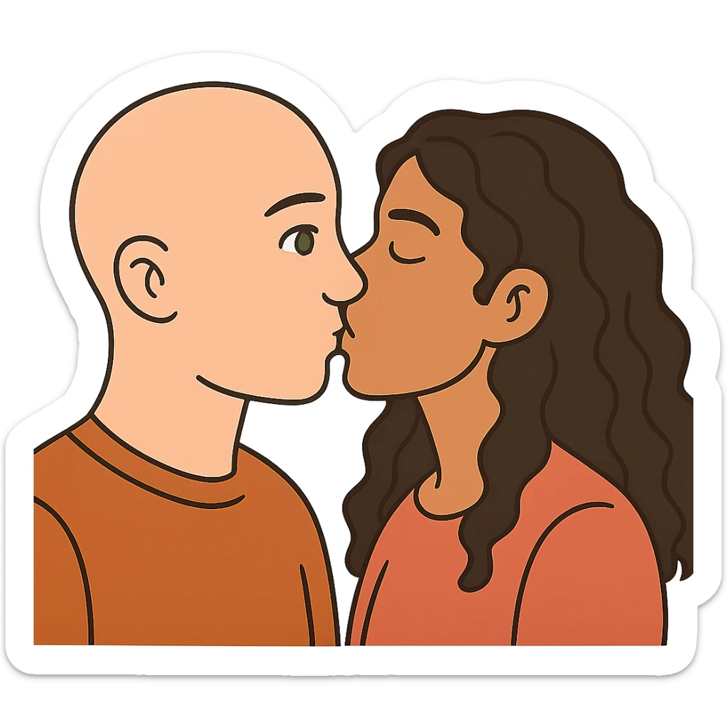 flat toon style caucasian bald man with green eyes and caucasian woman with long curly dark hair and brown eyes kissing sticker