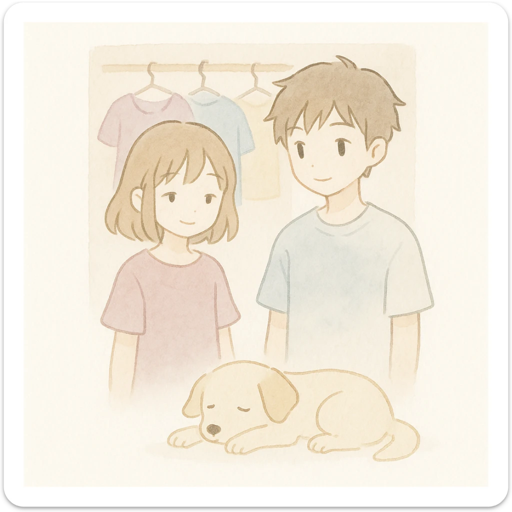 soft watercolor illustration of a boy and a girl with anime-inspired features standing in front of a closet with a purple dress hanging on the left behind the girl, a blue shirt in the middle, and a yellow shirt on the right; a dog lying in front of the two characters; pastel colors, delicate linework, gentle whimsical mood, minimal soft shading sticker
