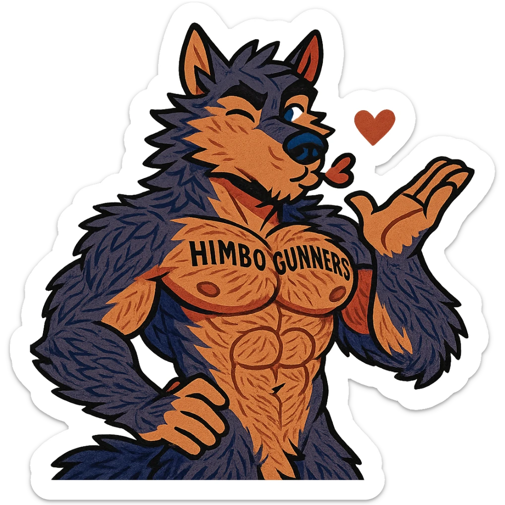 very muscular wolf furry, shirtless, with 'Himbo Gunners' tattooed on his pecs, blowing a kiss and winking, playful and confident expression, extremely detailed fur and anatomy, ultra high quality sticker
