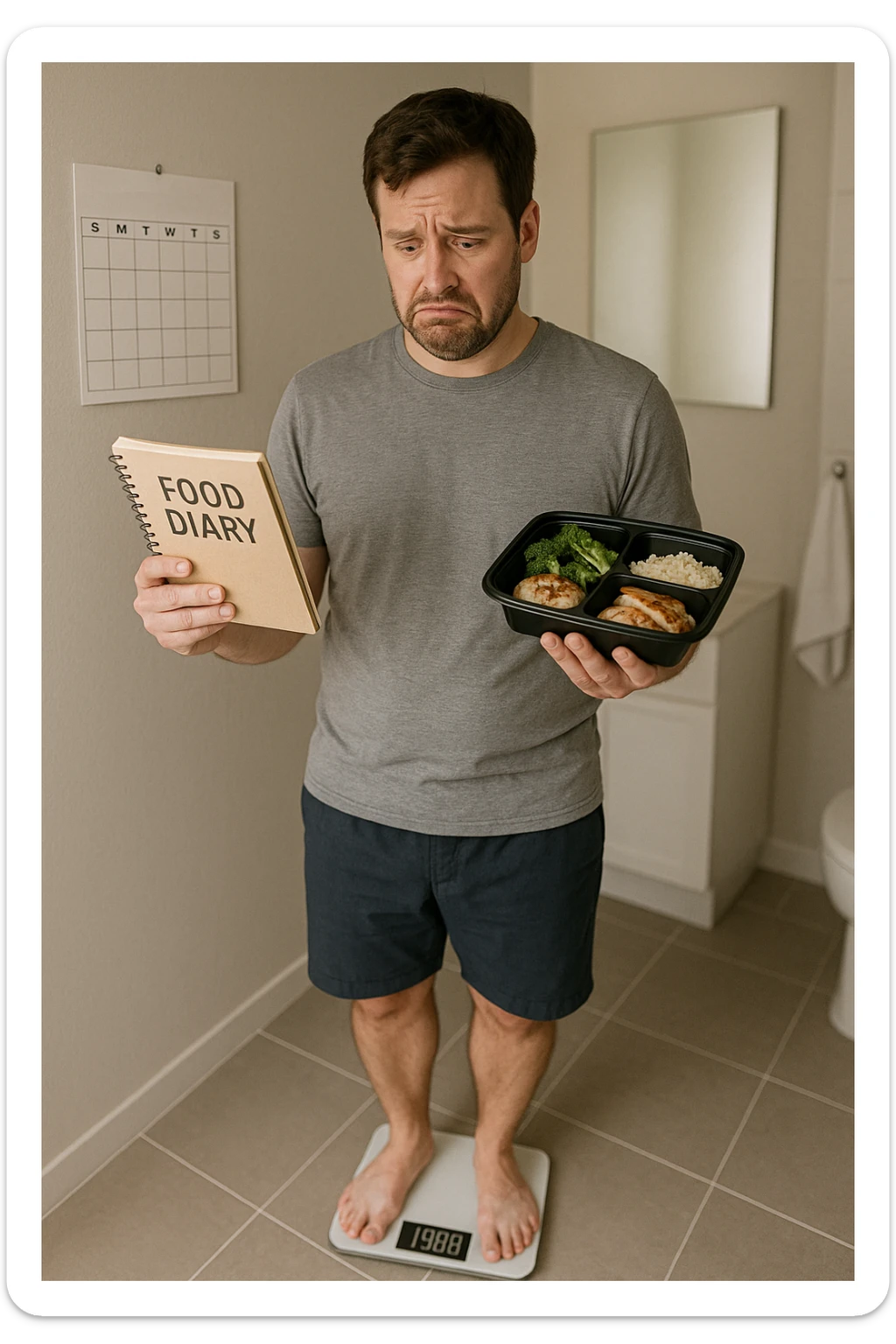 Uomo sulla trentina in piedi su una bilancia in bagno, con espressione delusa e confusa. In mano tiene un diario alimentare e un contenitore per i pasti già preparati, segno che sta seguendo una dieta. Dietro di lui un calendario con settimane segnate, ma senza cambiamenti. Il suo corpo appare identico a prima, senza progressi visibili. La bilancia digitale mostra lo stesso numero. Ambientazione pulita e moderna, toni neutri. Atmosfera di frustrazione e demotivazione, luce soffusa. sticker