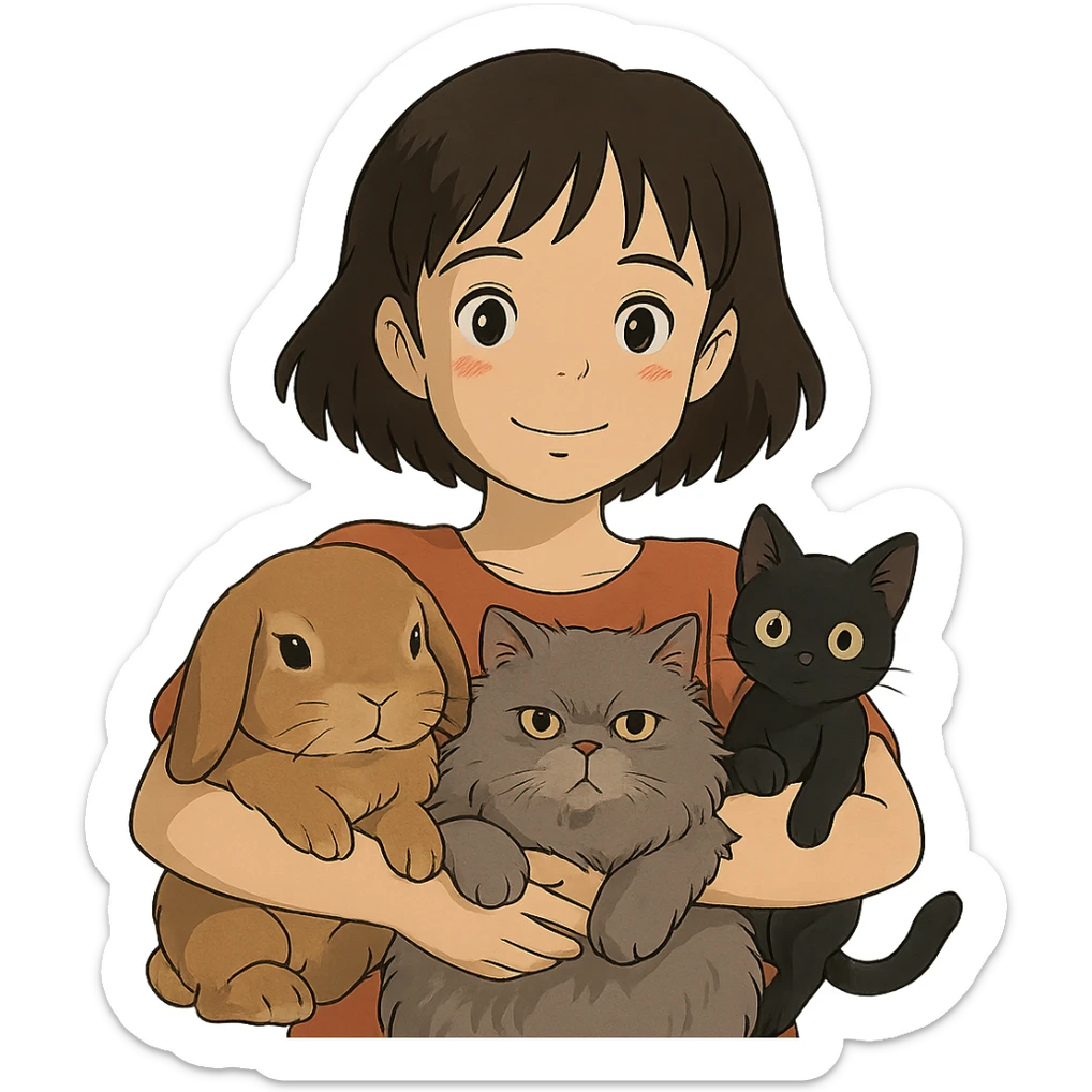 brunette chinita girl holding a brown holland lop rabbit, gray persian cat, and black kitten in ghibli style sticker