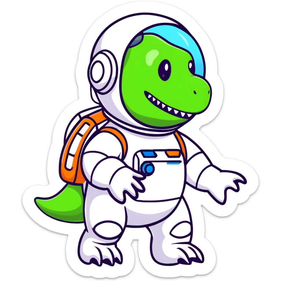 cartoon sticker of a t-rex astronaut waving, stars in background sticker