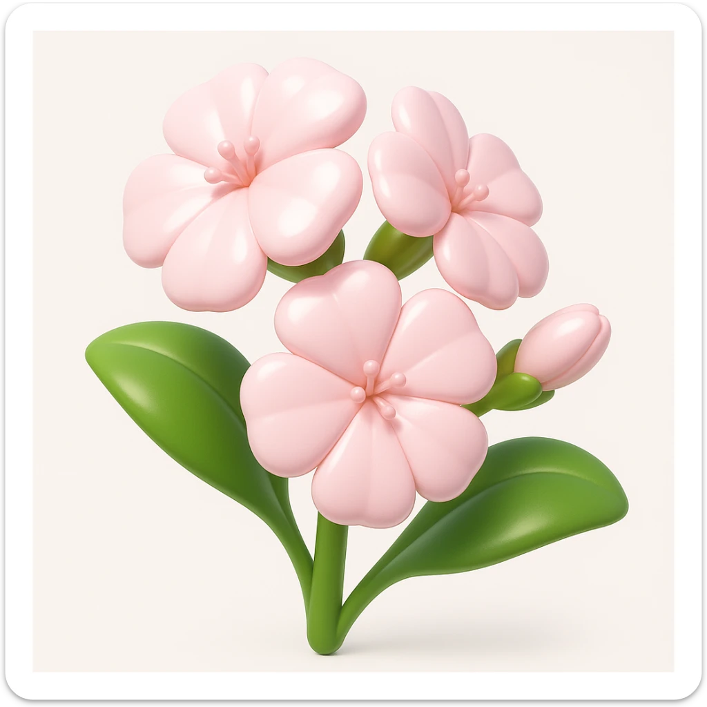 Create a 3D iOS-style square image of cartoon soapwort (Saponaria) flowers with extra volumetric and rounded shapes. The petals should be pale pink with big green leaves, playful proportions, soft lighting, and a glossy effect. No background, no face or smile, proportions 1:1. The style should reflect a 3D iOS cartoon look with smooth, rounded, and glossy details. sticker