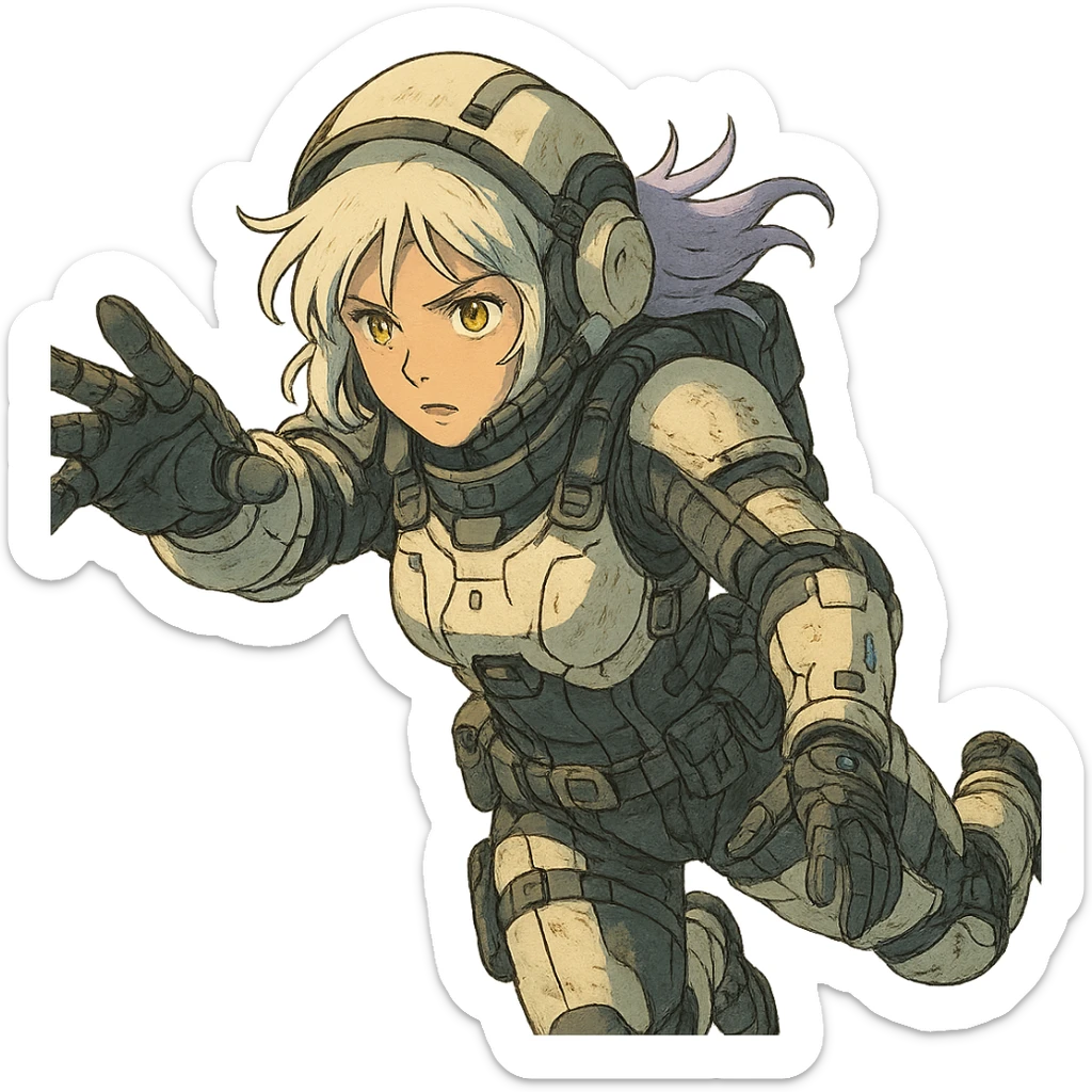1 female, white hair lavender tips gold yellow eyes, a tactical female space warrior floating in zero-g EVA operations, reaching in front of her sticker