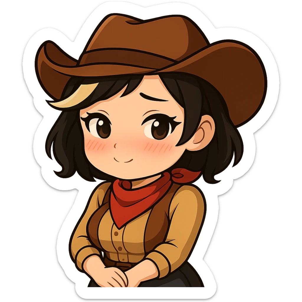 Chibi cowgirl with short hair and a blonde streak, wearing a cowboy hat and western outfit, no guns. Pose: hands clasped in front, shy, blushing, and cute-sexy expression, more feminine curves. Chibi/anime style, transparent background, sized for Twitch or Discord use. sticker