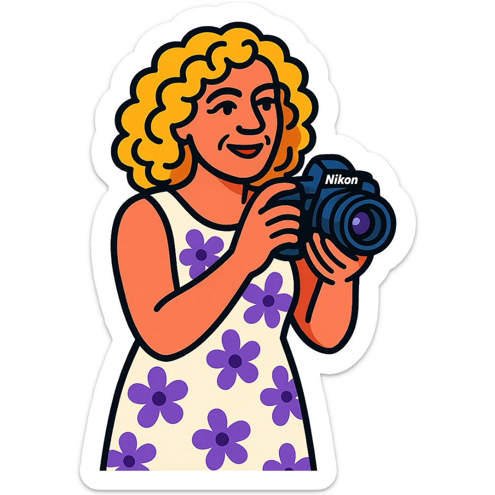 mujer rubia de rulos de 50 años con cámara Nikon y vestido largo blanco con flores lilas, estilo vibrant-toon sticker