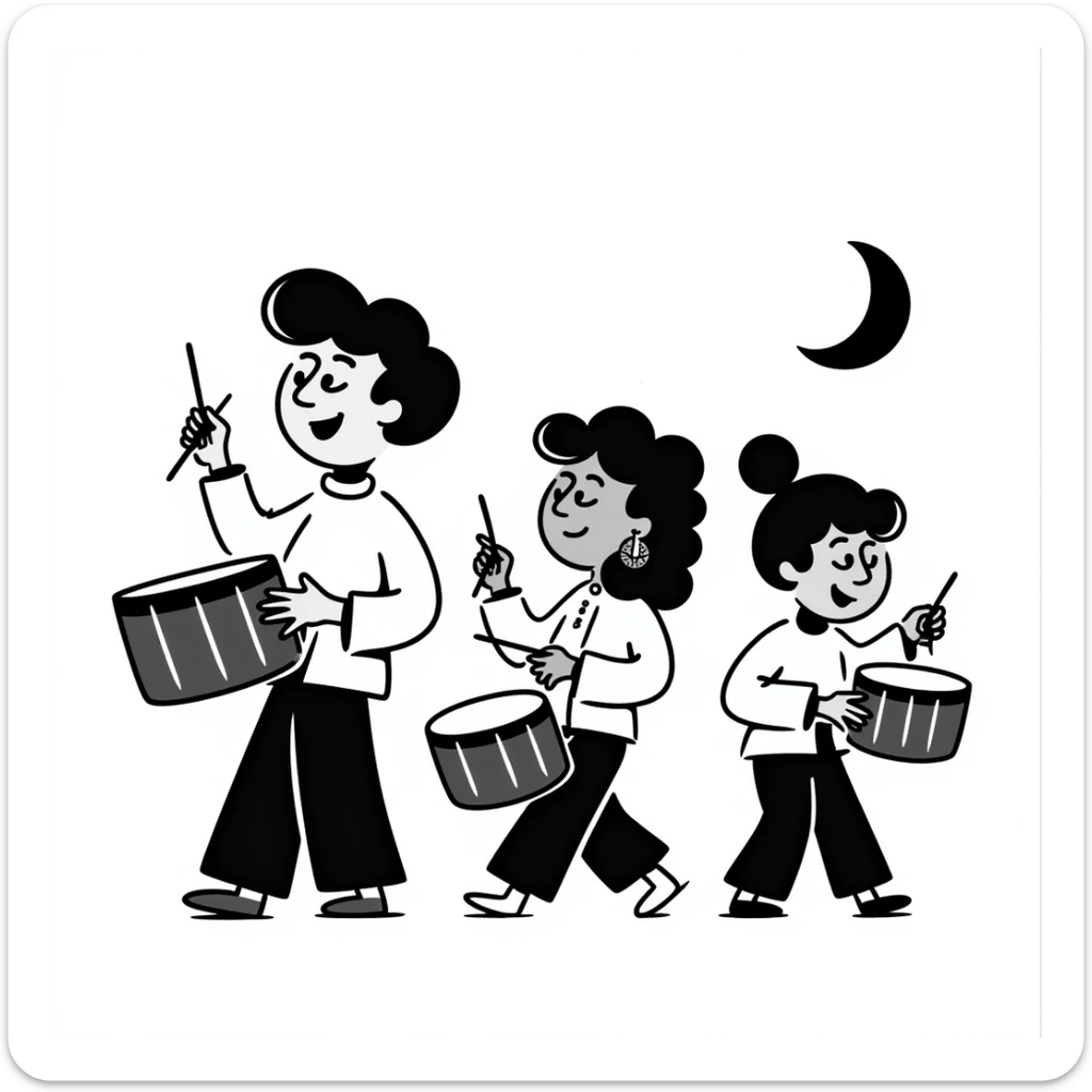 group waking up the neighborhood for sahur with drums, crescent moon in background sticker