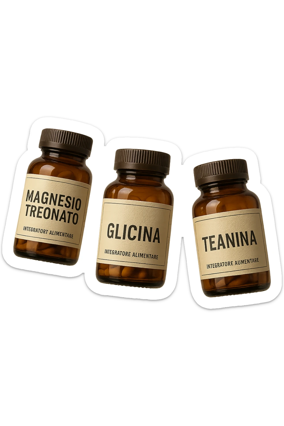 3 boccette di integratori: Magnesio Treonato, glicina, teanina, fluttuano in aria sticker
