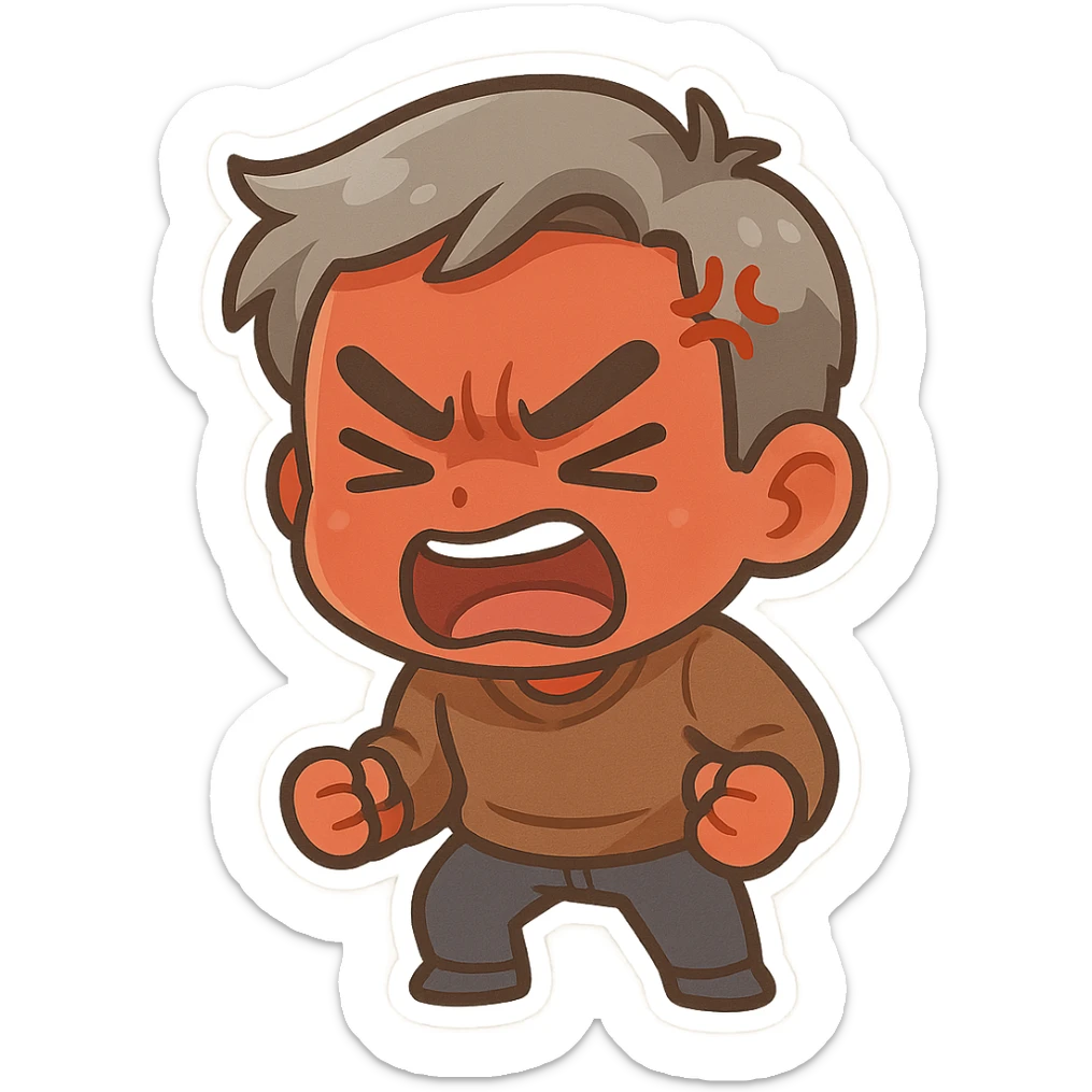 a very angry man with red skin and gray hair, expressive face, intense emotion, cartoon style sticker