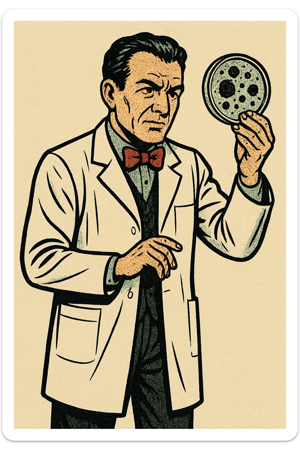 The full body of 1940s male scientist wearing a white lab coat over his suit with a red bow tie. He is holding a mouldy petri dish sticker