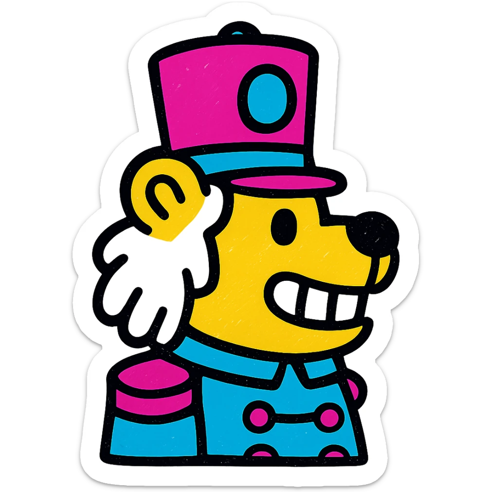 profile picture of a nutcracker bear with white hair, visible teeth, and a classic nutcracker hat, bold and colorful sticker