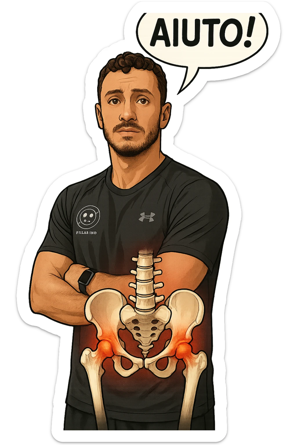 fai questo ragazzo identico ma mettigli un bacino anatomico infiammato in evidenza sul corpo e un fumetto sulla testa con la scritta "AIUTO!", ossa visibili, iperrealistica in 3d sticker