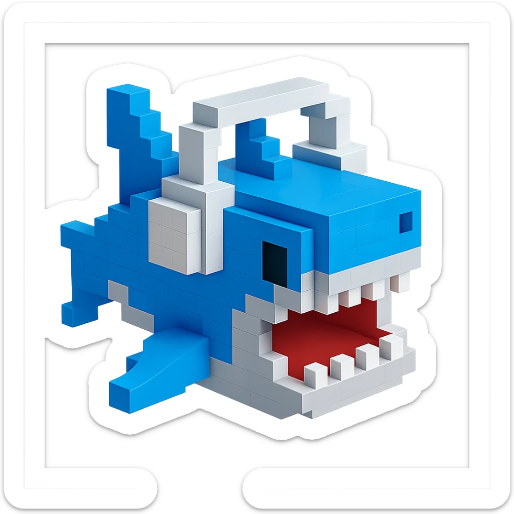 voxel style shark with white headphones, open mouth, blocky, blue and silver, no background sticker