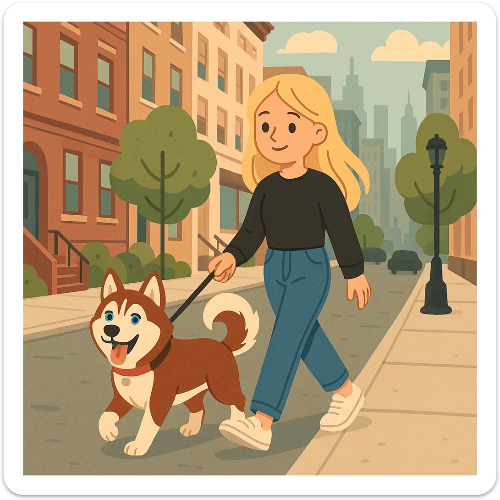 Cute Blonde woman wearing a black sweater and jeans and white sneakers walking a happy red-brown blue-eyed Siberian husky in New York City on an upper east side city sidewalk, flat toon style  sticker