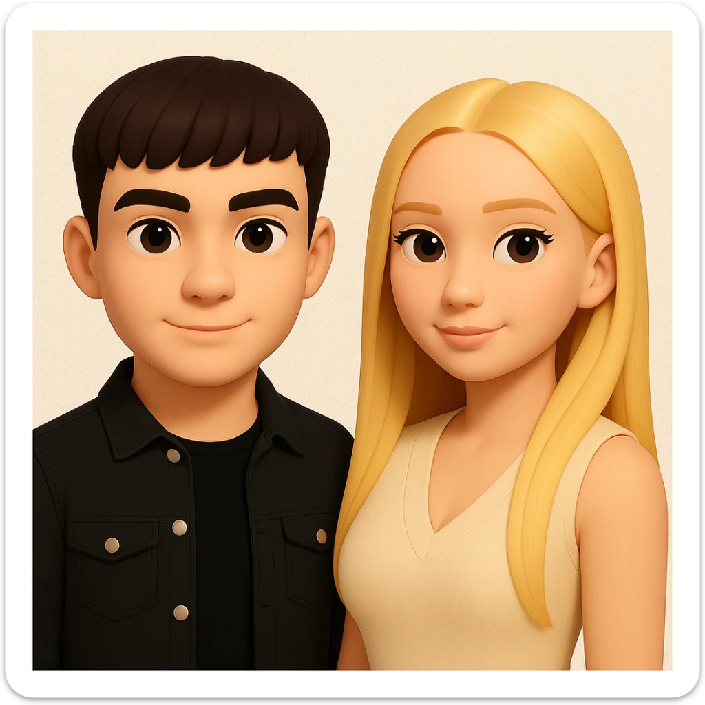 Slightly increase the volume of the upper body of the girl, separate the girl and the boy from each other, and make the skin color the same for both characters. Maintain the cartoonish 3D style in the edit. sticker