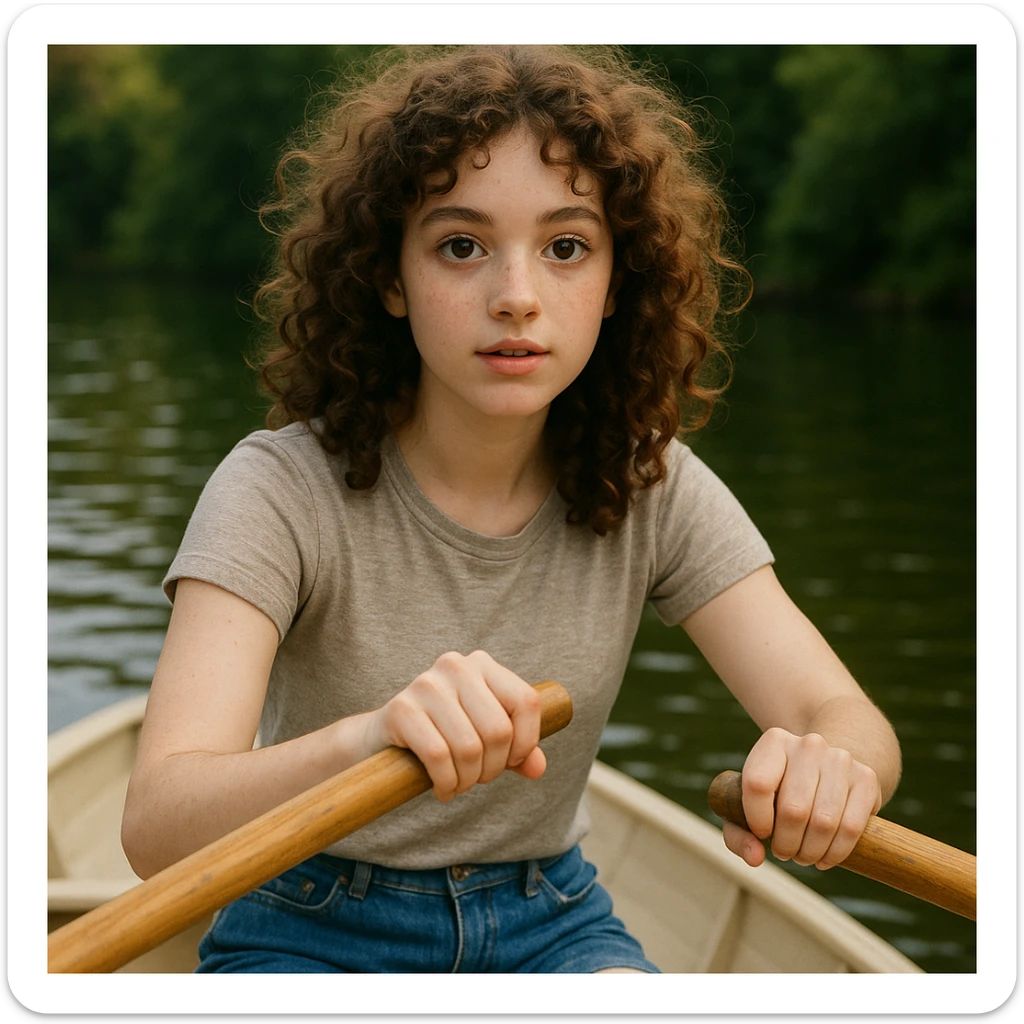 kürek çeken, kıvırcık saçlı, beyaz tenli, gözleri biraz iri kız, genel stil sticker