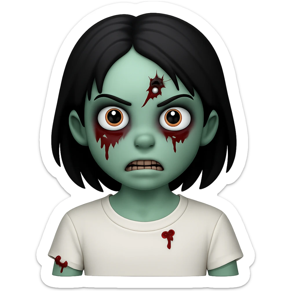 Create an image of a zombie girl with black hair wearing a white t-shirt, minimal blood, in the style of Apple emojis, with no background. sticker