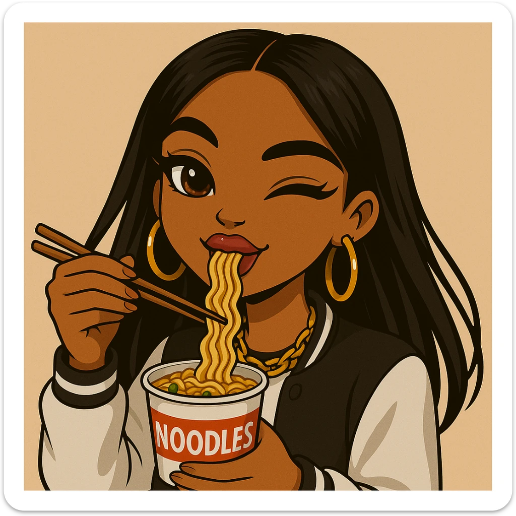 Change the pose to a 20-year-old anime Bratz style woman with dark skin, straight hair, trendy outfit, big expressive eyes, glossy lips, no hat, no tears, happy expression, looking straight ahead, eating a cup of noodles with chopsticks, headshot only. sticker