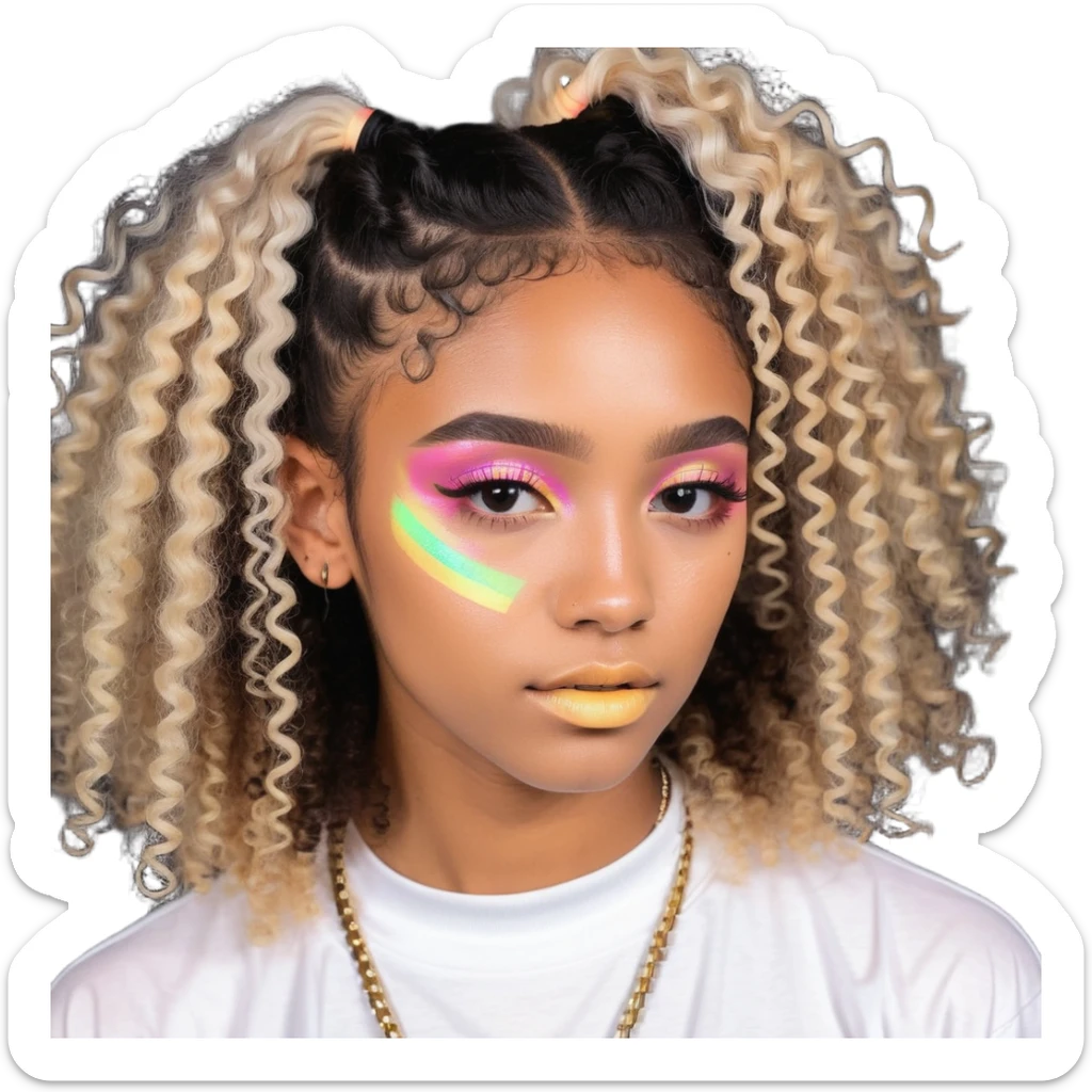 curly hair, light brown skin, baby hairs, highlighter makeup, Y2K and sportlife style sticker