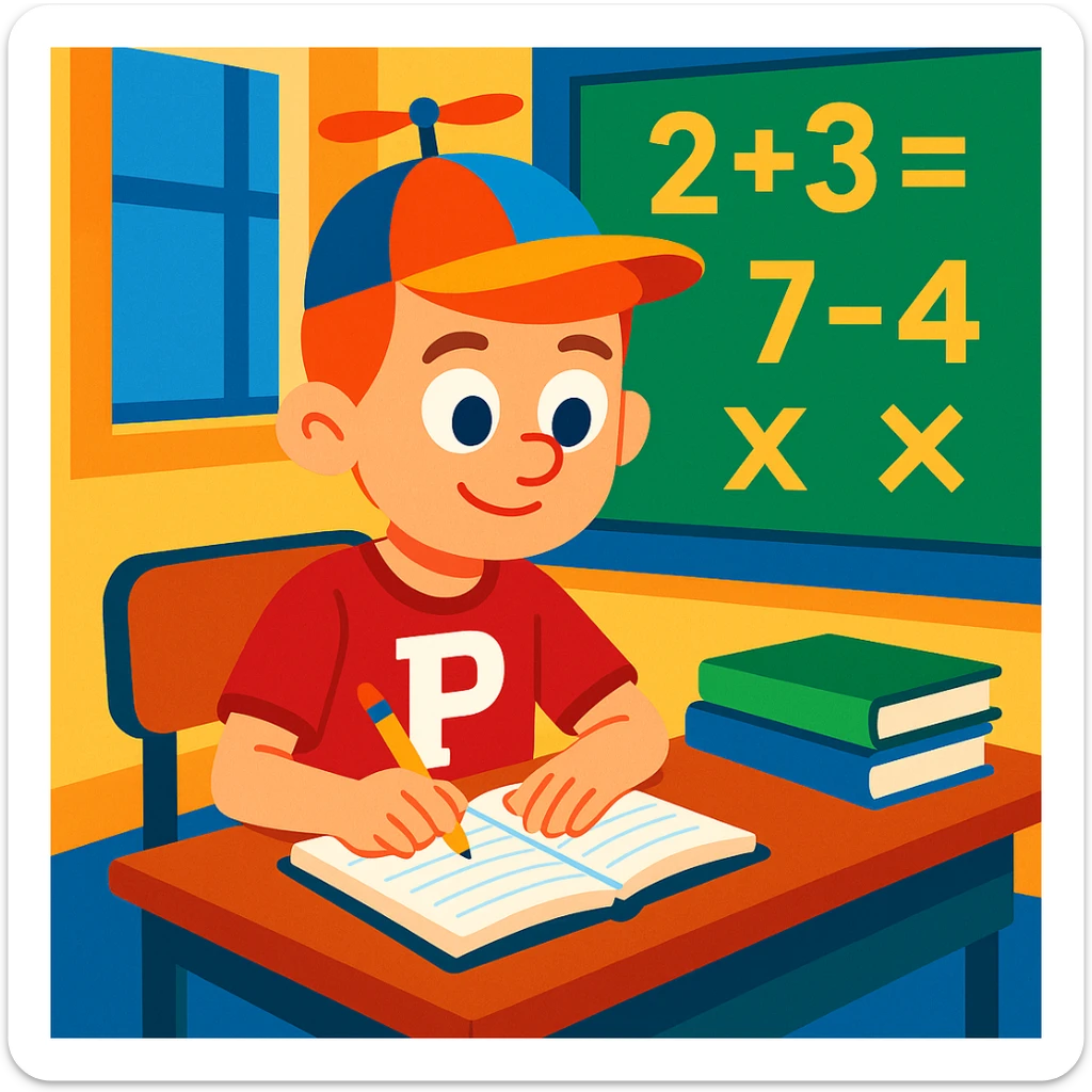 Little Johnny with a propellor hat and Philadelphia sports shirt, sitting at a desk in a math classroom, focused and organized, cartoon style, colorful, friendly, positive atmosphere sticker