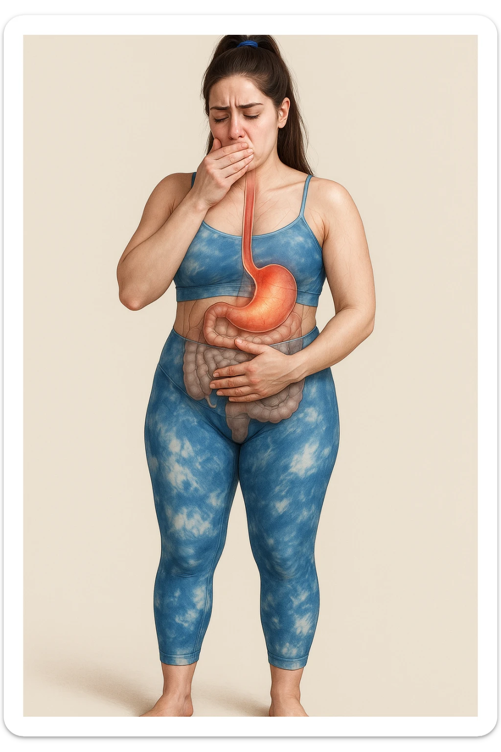 Realistic anatomical illustration of a woman in sportswear inspired by the reference photo, with one hand on her mouth and the other on her belly, sign of reflux. Highlight esophagus, stomach, and involved organs, expression of burning sensation, neutral background. sticker