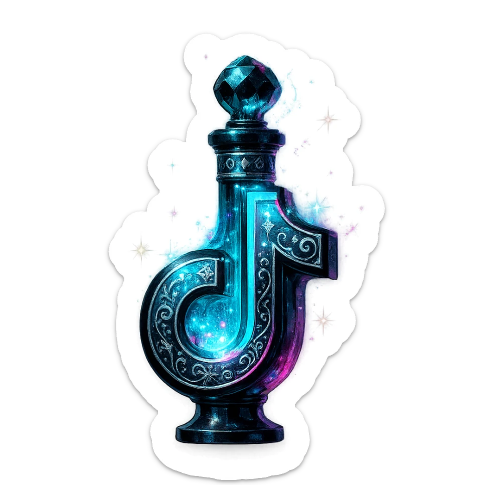 modernus prabangus eliksyro buteliukas, TikTok logotipo forma, juoda, žydra ir rožinė spalvos, holografiniai ir sidabriniai ornamentai, itin stiprūs magiški švytėjimai ir efektai, labai mažas kaklelis, skaidrus fonas, vientisas dugnas, be šešėlio, plūduriuoja ore, kolekcijos stilius sticker