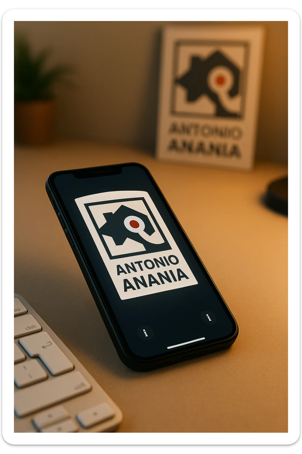 A photo of an iPhone on the desk with the message "Antonio Anania" on its screen, The phone sits atop a desk with a blurred background that suggests work environment. A faint glow from above casts gentle shadows across the surface of each object, creating depth and highlighting their textures sticker