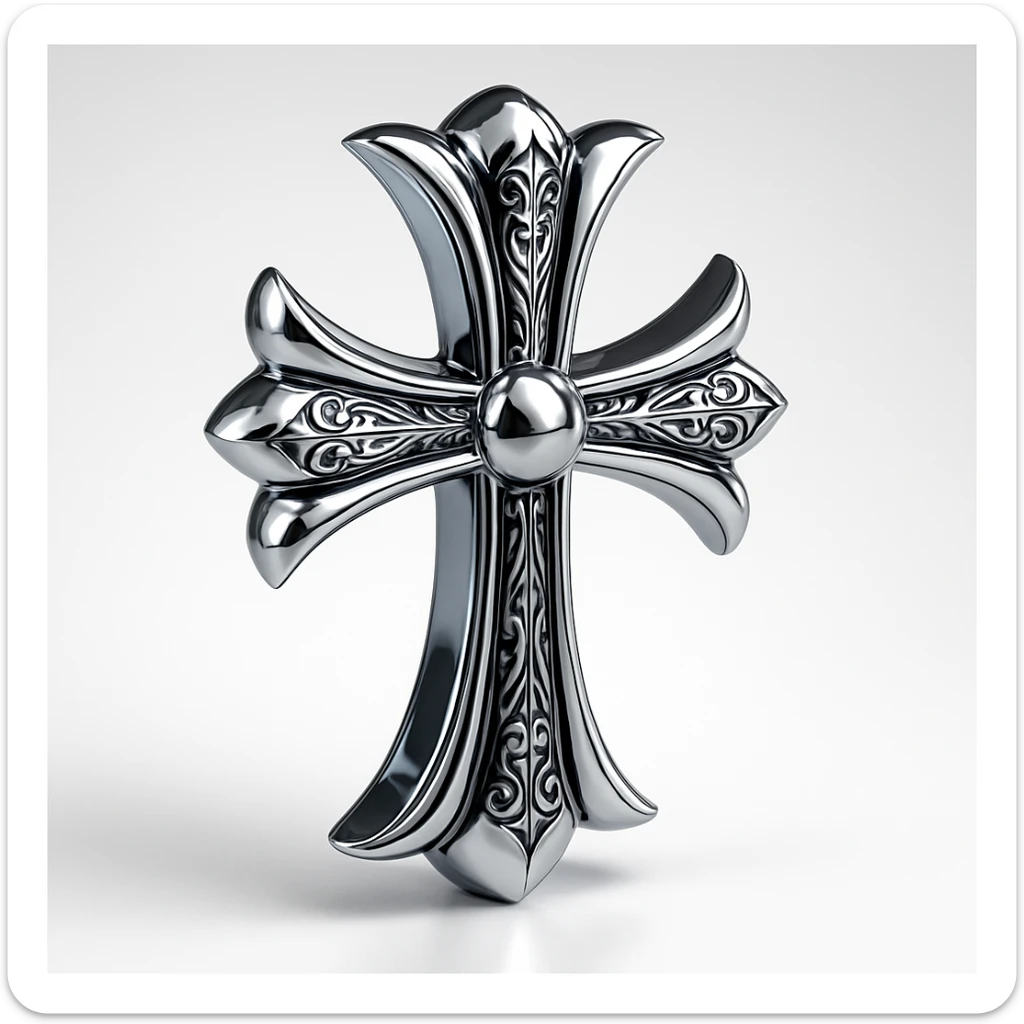 Chrome Hearts style cross, shiny chrome, black accents, gothic luxury, detailed craftsmanship sticker