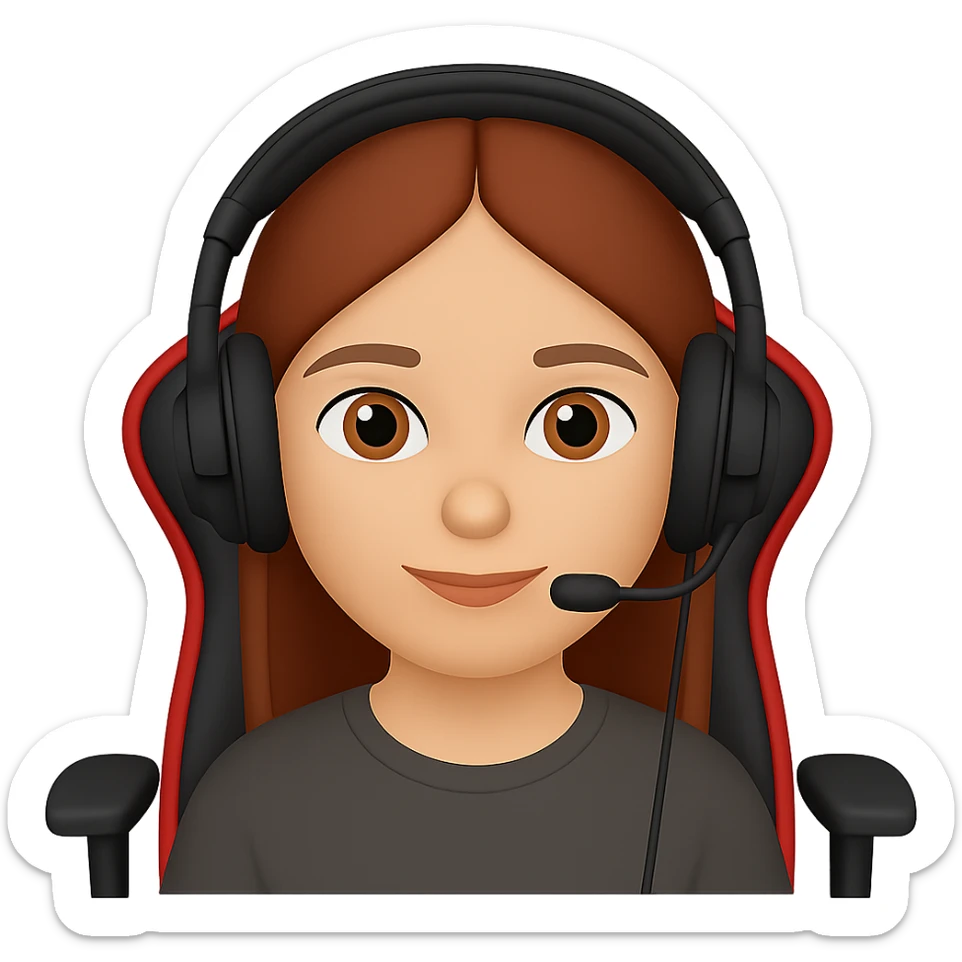 Make the streamer a female with headphones and a gaming chair in the style of emoji (apple style emojis). Remove the background. sticker