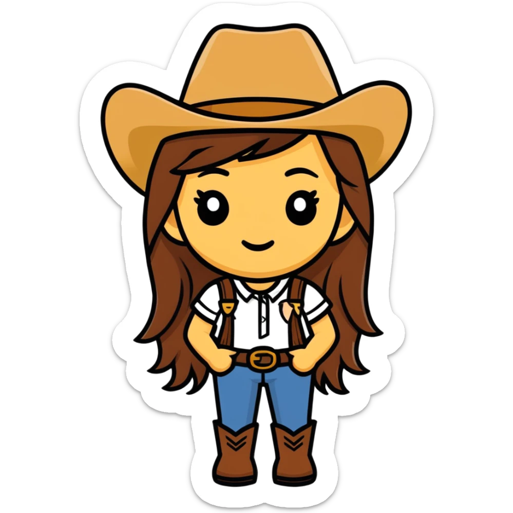 Girl emoji head with long brown hair wearing a cowboy hat and sunglasses sticker