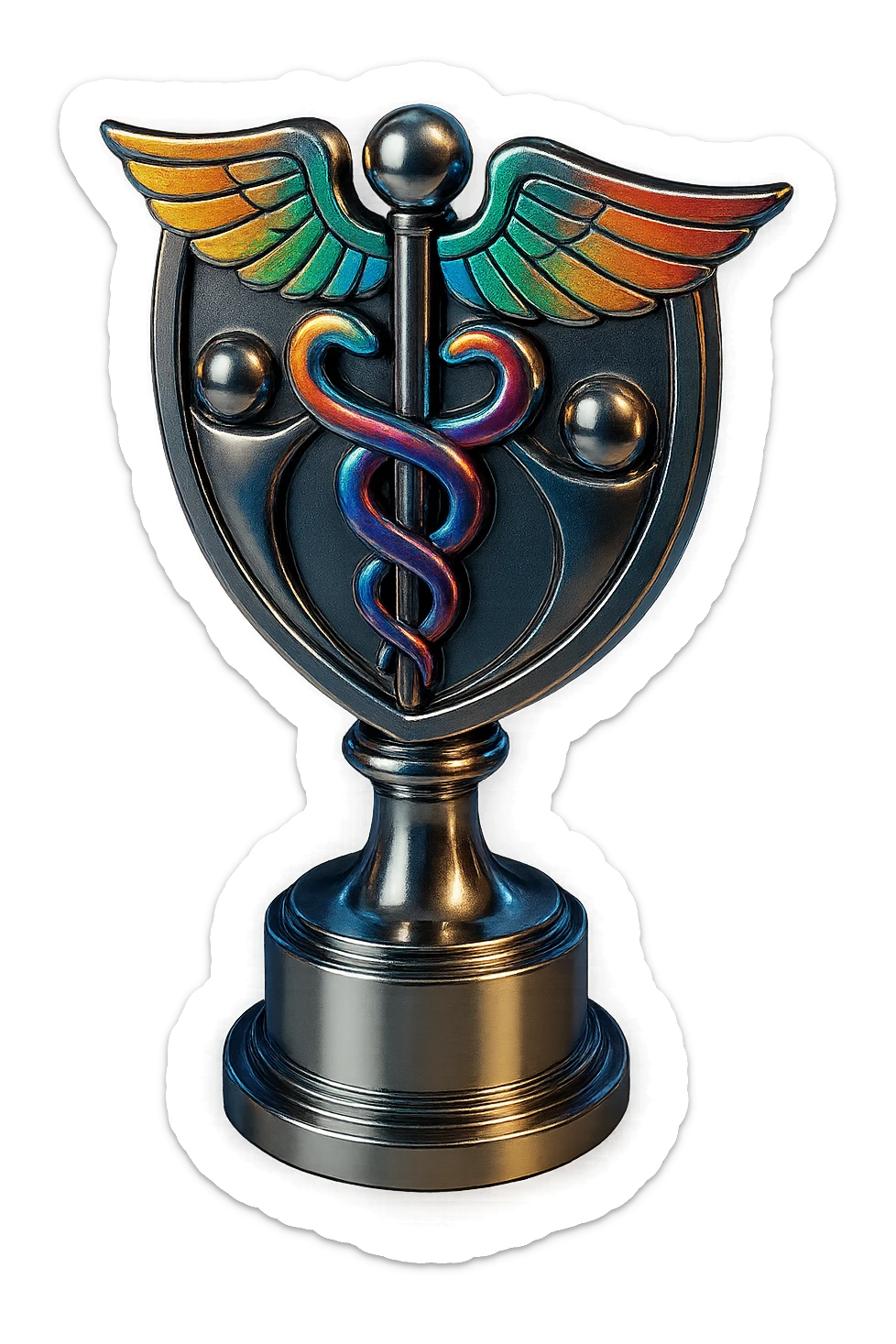 Add vibrant color accents to the chrome trophy with staff symbol, keeping the chrome style prominent and maintaining the shiny metallic chrome effect with colorful highlights. sticker