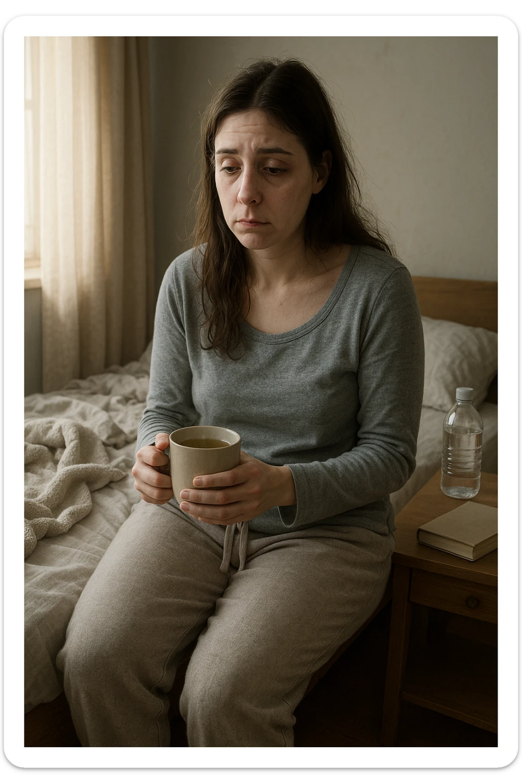A realistic, cinematic illustration of a woman in her early 30s with a tired, pale appearance, sitting on the edge of her bed in a softly lit bedroom during the morning, looking exhausted and drained. Her posture is slightly slouched, and dark circles are visible under her eyes. She wears comfortable loungewear, holding a warm cup of herbal tea in her hands, seeking comfort. The scene includes a cozy yet slightly messy room with a blanket, a water bottle, and a book on the nightstand, emphasizing chronic fatigue. Soft natural light comes through the window, highlighting her expression of persistent tiredness despite rest, capturing the invisible struggle of chronic fatigue syndrome while maintaining dignity and a gentle aesthetic. sticker