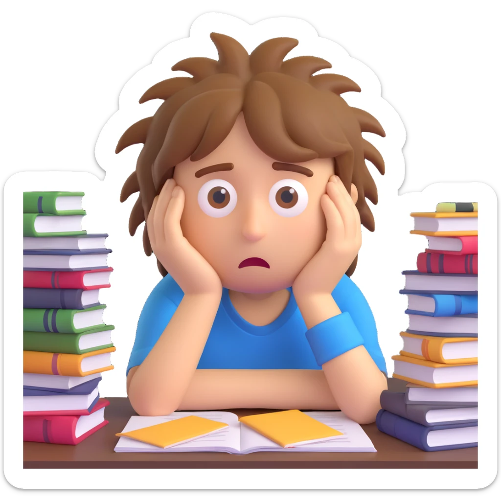 emoji of a tired and stressed student with messy hair, droopy eyes, surrounded by books and papers, expressing exhaustion from exams sticker
