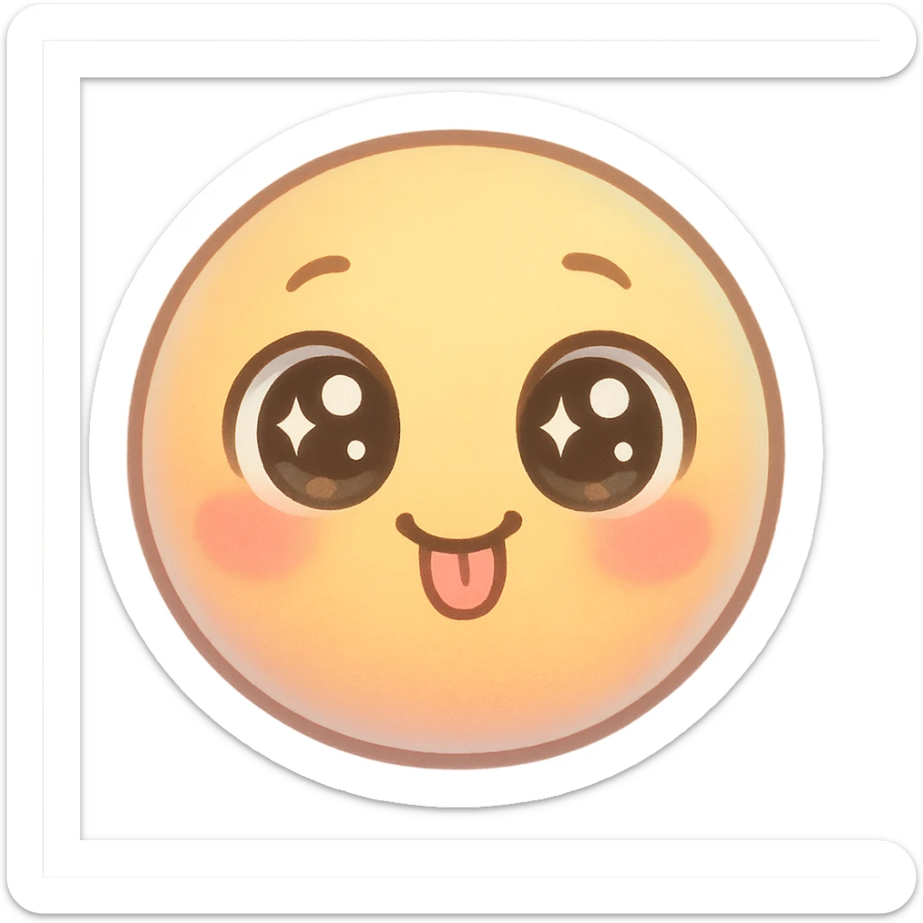 cute emoji, round face, big sparkling eyes, tiny tongue sticking out, playful, pastel colors sticker