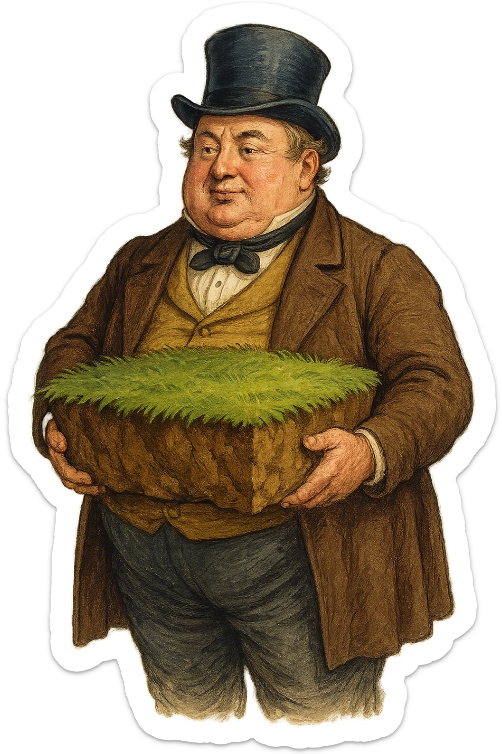 Толстый британский герцог 19 века держит в руках большой пласт земли, слегка рисованный объемный стиль, прозрачный фон sticker