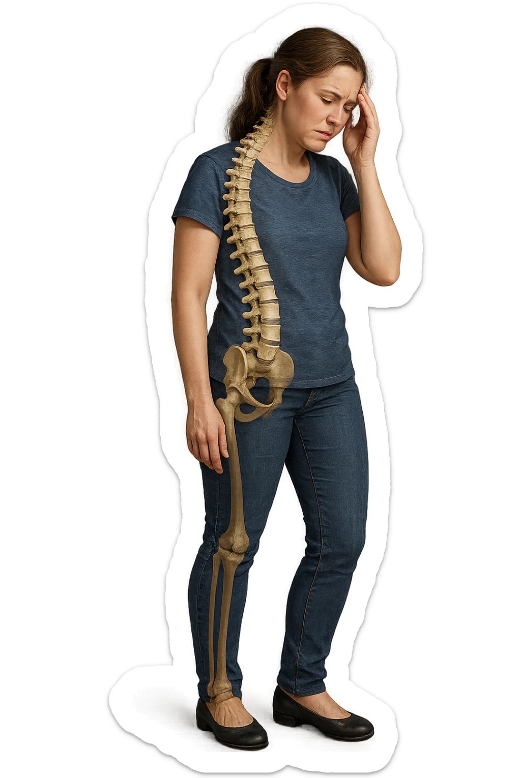 donna stanca a figura intera che si tiene una mano sulla tempia con spina dorsale anatomica visibile, iperrealistico 4k sticker