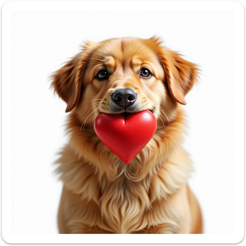 realistic Golden Retriever and Chow Chow mix dog holding a bright red heart in its mouth, realistic fur, friendly expression, white background sticker