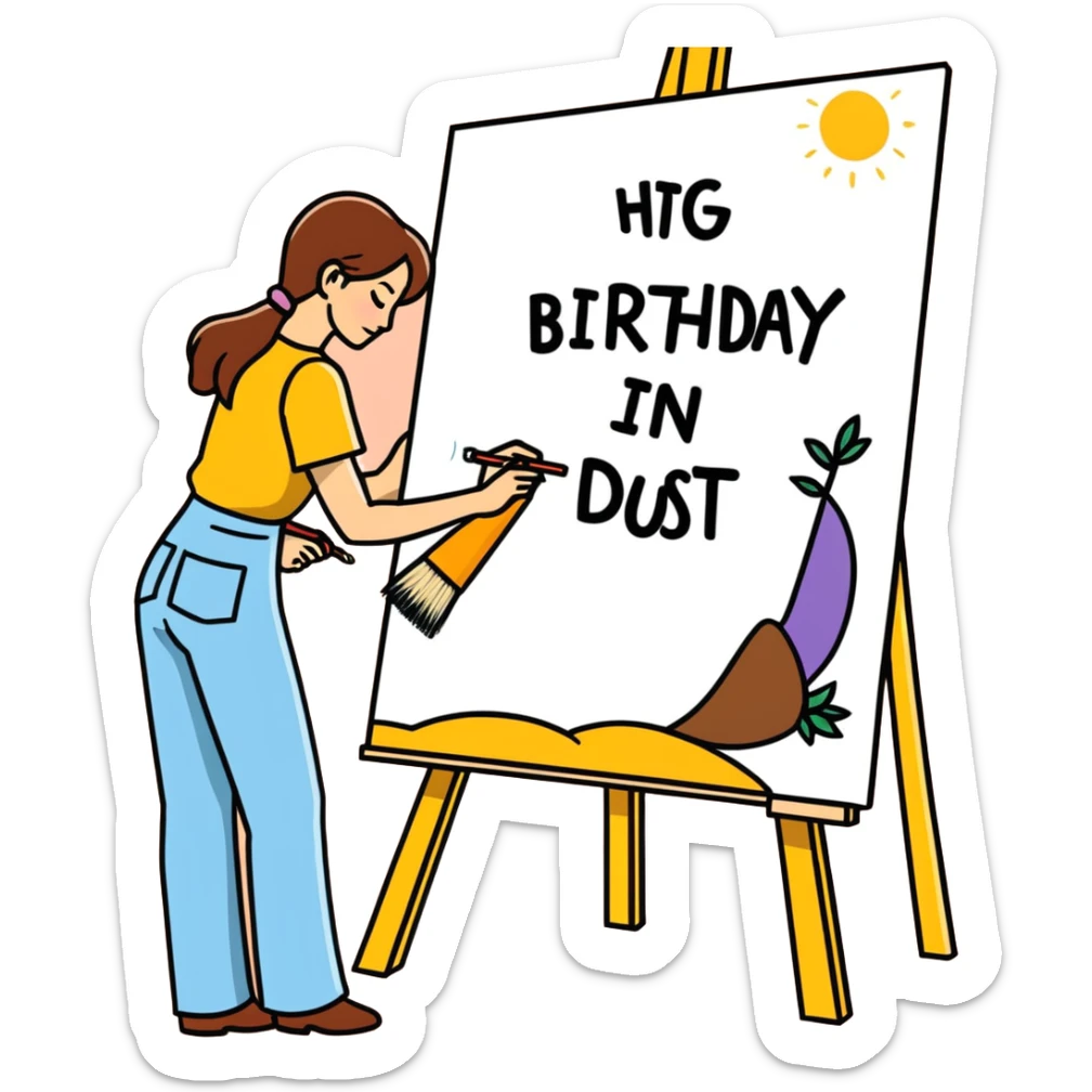 Woman painter/artist painting a big canvas that reads “ANOTHER ONE BITES THE DUST - HAPPY BIRTHDAY” in 60’s hippie style painting sticker