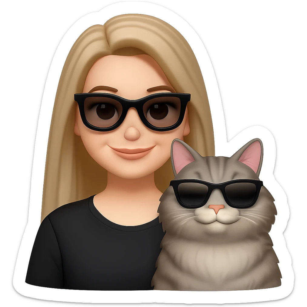 Edit the image to make the woman's hair longer so it goes past her shoulders. Make the grey tabby cat chubbier and fluffier. Both the woman and the cat should be slightly smiling, still wearing sunglasses and looking cool. Remove the background entirely. The style should remain consistent with the original image's look and feel. sticker