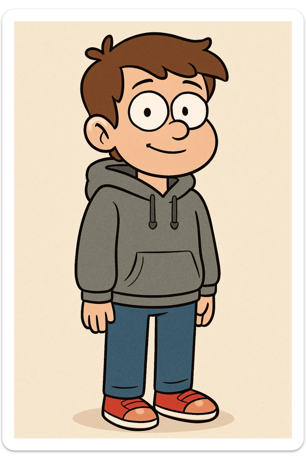 a boy brown hair grey awdis kids hoodie blue jeans red shoe  sticker