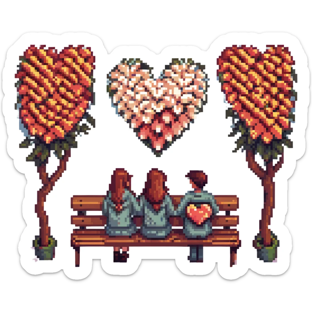 Sticker of Sasha and Yulia, two young lovers, in a pixel art style. They are sitting together on a bench, with pixelated hearts and flowers around them. sticker
